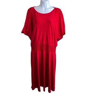Tahari Red Batwing Sleeve Blouson Midi Dress‎ Size 14 Statement Career Boho